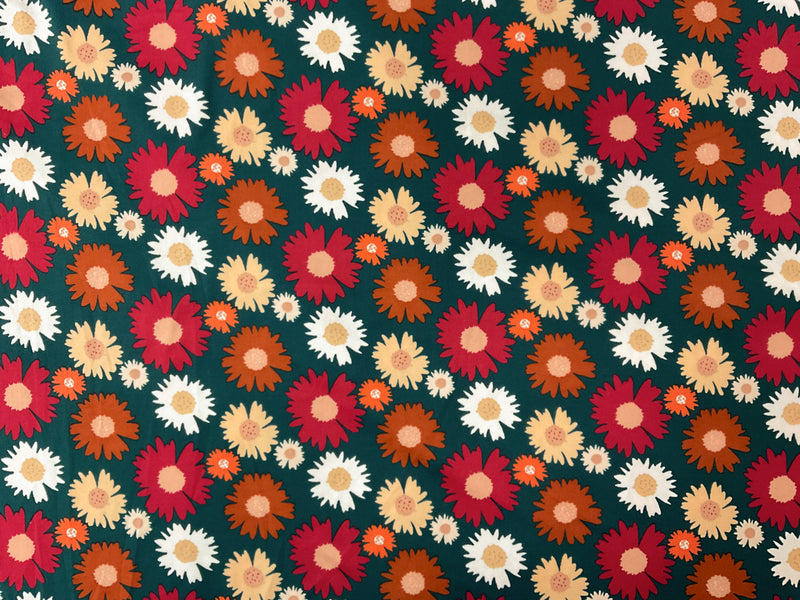 Green-Orange Poly Spandex Stretch Floral Print Jersey Knit Fabric