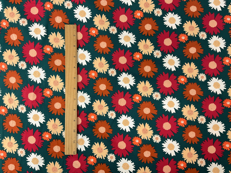 Green-Orange Poly Spandex Stretch Floral Print Jersey Knit Fabric