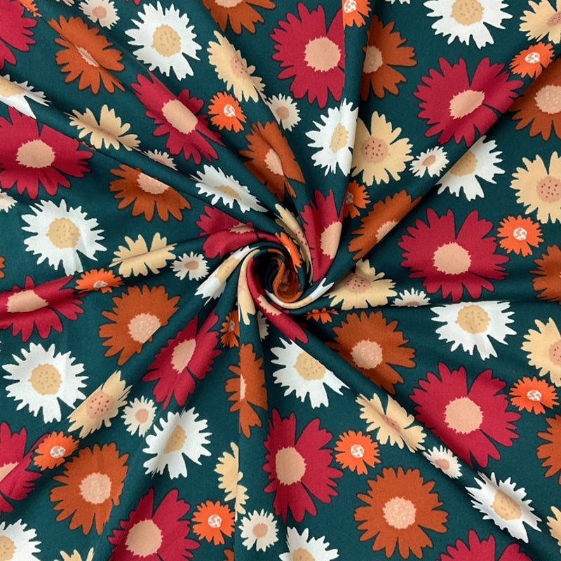 Green-Orange Poly Spandex Stretch Floral Print Jersey Knit Fabric