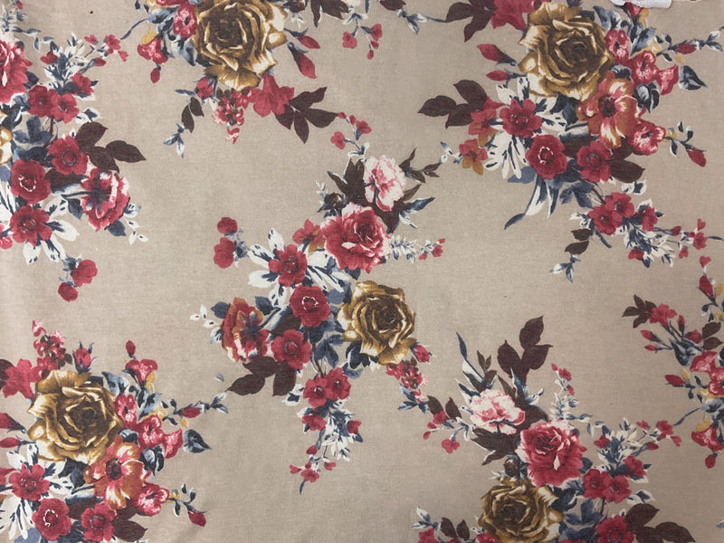 Beige-Multi Poly Rayon Stretch Floral French Terry Knit Fabric