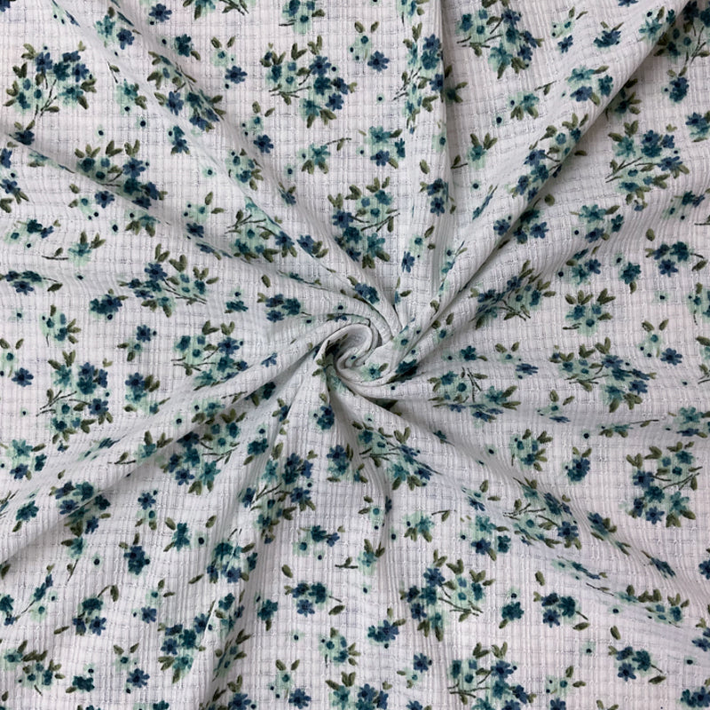 White-Blue Poly Rayon Stretch Floral Printed Pointelle Rib Knit Fabric