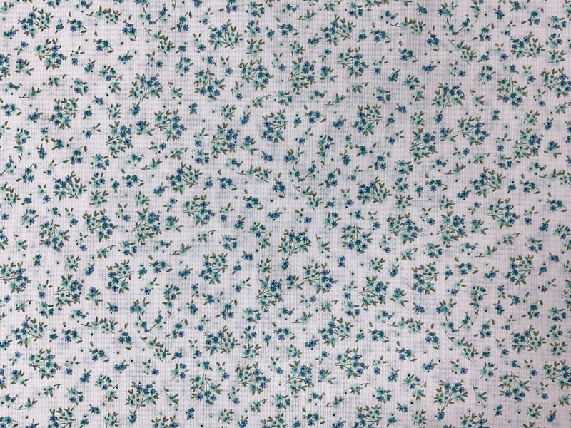 White-Blue Poly Rayon Stretch Floral Printed Pointelle Rib Knit Fabric
