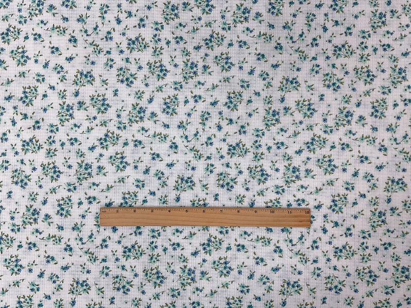 White-Blue Poly Rayon Stretch Floral Printed Pointelle Rib Knit Fabric