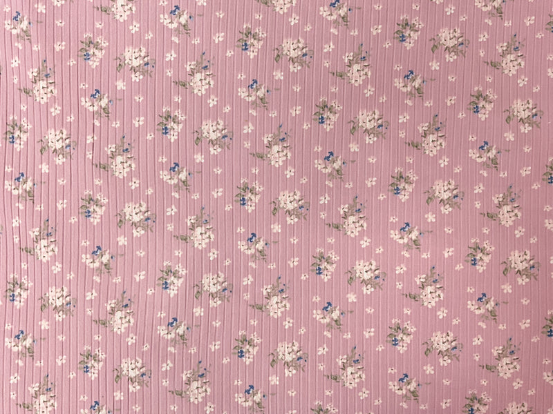 Pink-Multi Poly Stretch Floral Printed Brushed Rib Knit Fabric