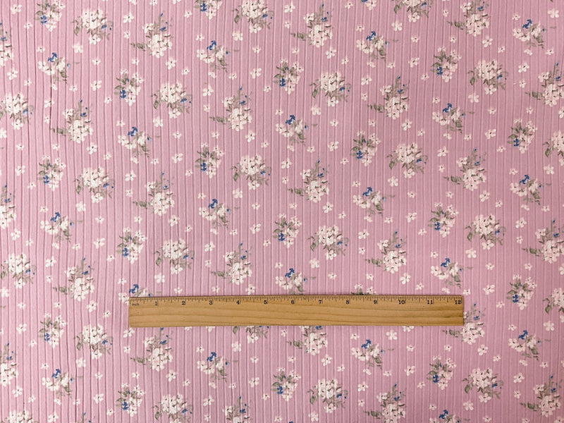 Pink-Multi Poly Stretch Floral Printed Brushed Rib Knit Fabric