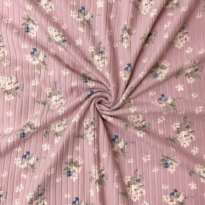 Pink-Multi Poly Stretch Floral Printed Brushed Rib Knit Fabric