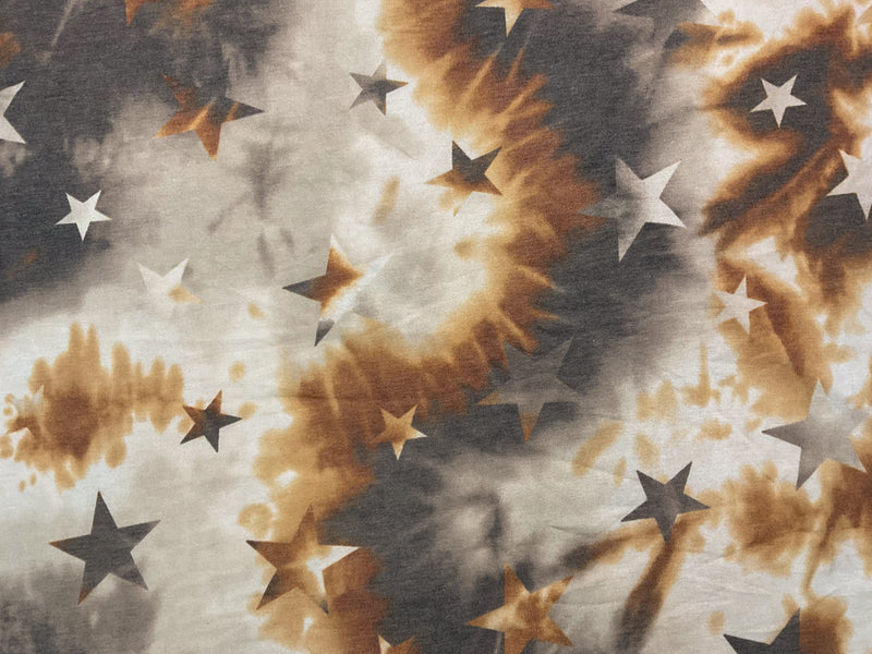 Brown-Multi Poly Rayon Tie Dye Star French Terry Knit Fabric