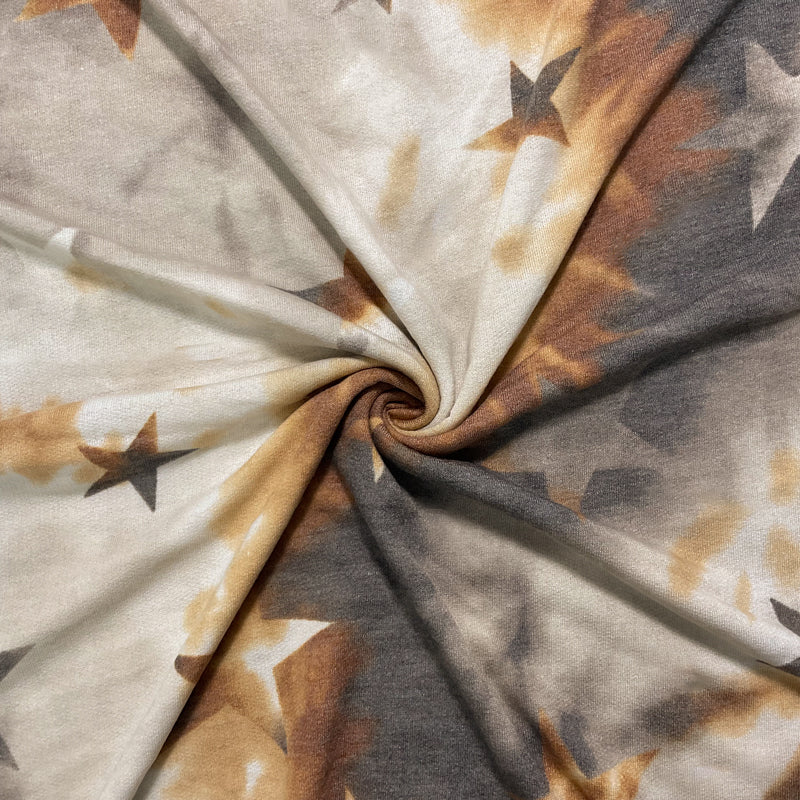 Brown-Multi Poly Rayon Tie Dye Star French Terry Knit Fabric