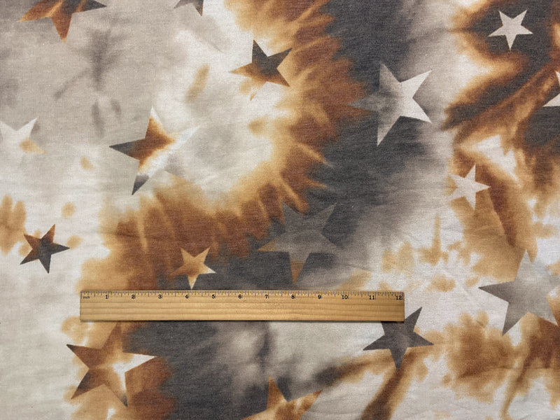 Brown-Multi Poly Rayon Tie Dye Star French Terry Knit Fabric