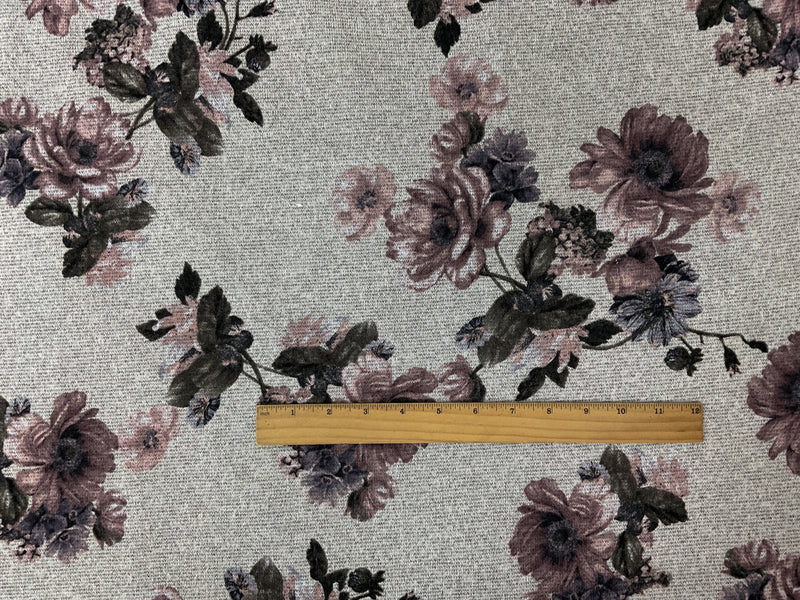 Gray-Purple Poly Stretch Floral Print Jersey Sweater Knit Fabric