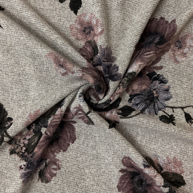 Gray-Purple Poly Stretch Floral Print Jersey Sweater Knit Fabric