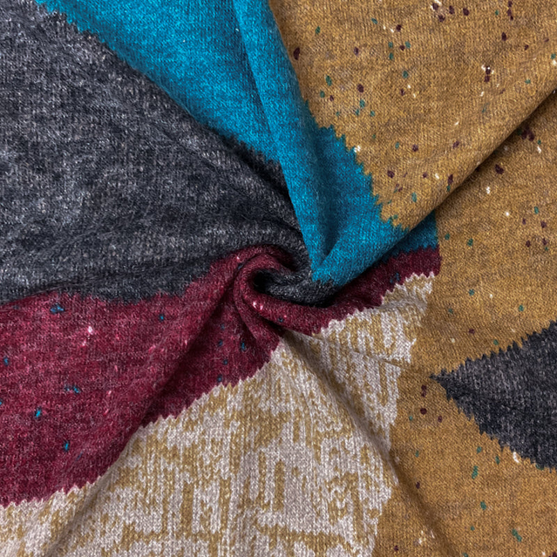 Brown-Teal-Multi Stretch Printed Jersey Sweater Knit Fabric