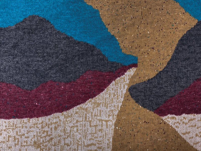 Brown-Teal-Multi Stretch Printed Jersey Sweater Knit Fabric