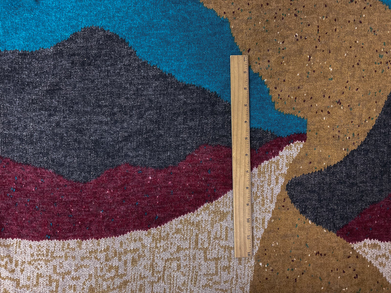 Brown-Teal-Multi Stretch Printed Jersey Sweater Knit Fabric