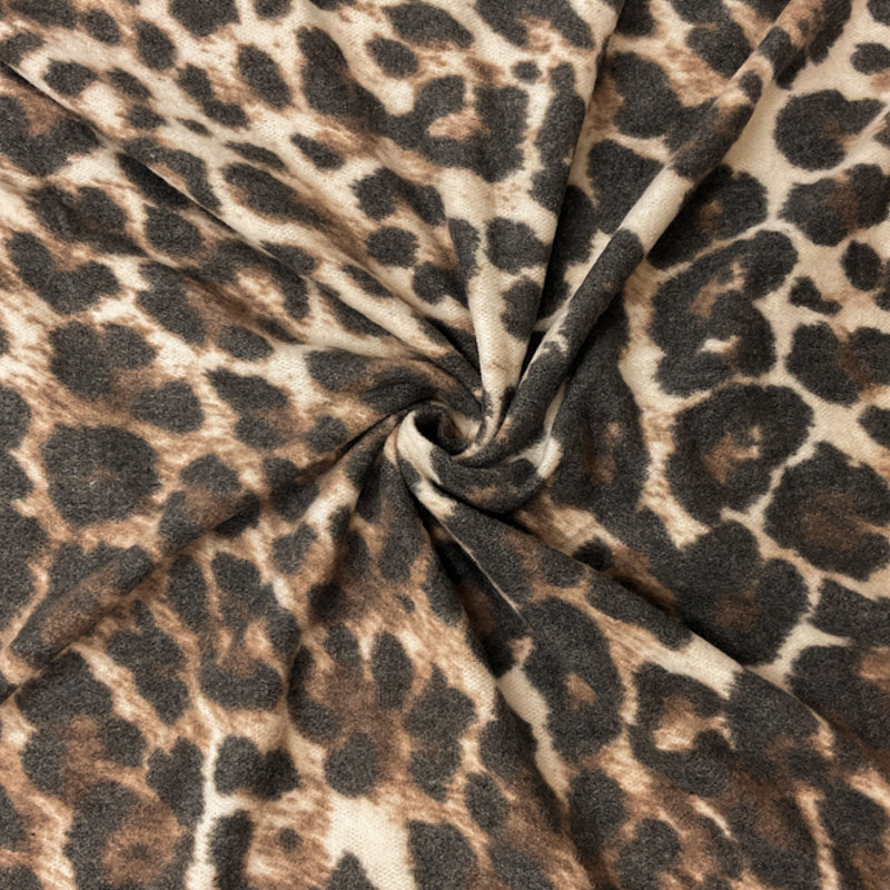 Beige-Brown Poly Spandex Leopard Brushed Face Jersey Knit Fabric