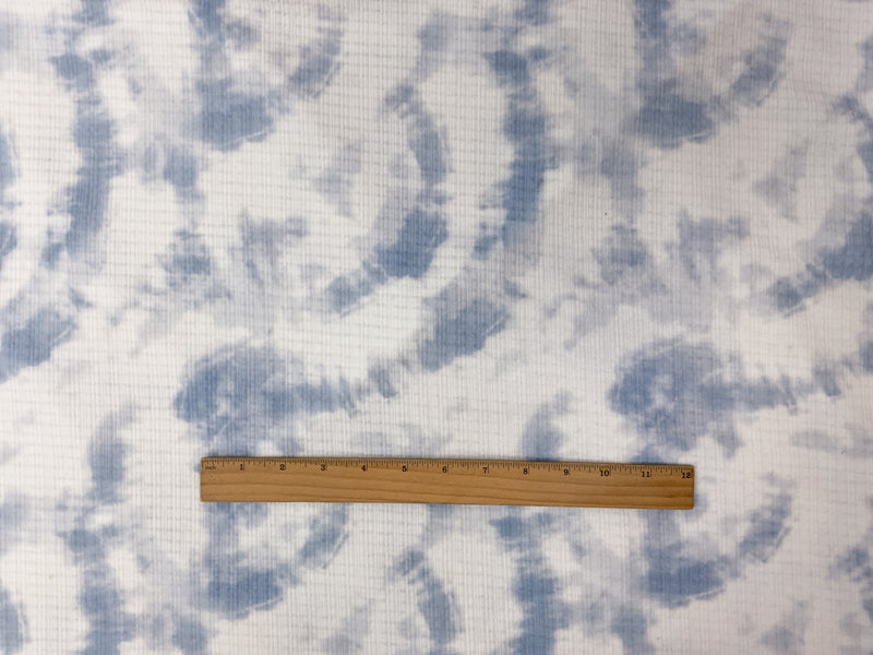 White-Blue Poly Rayon Stretch Tie Dye Pointelle Rib Knit Fabric