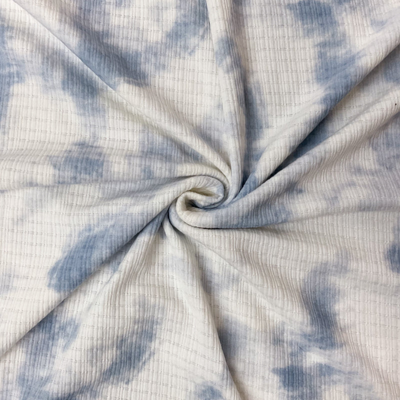 White-Blue Poly Rayon Stretch Tie Dye Pointelle Rib Knit Fabric