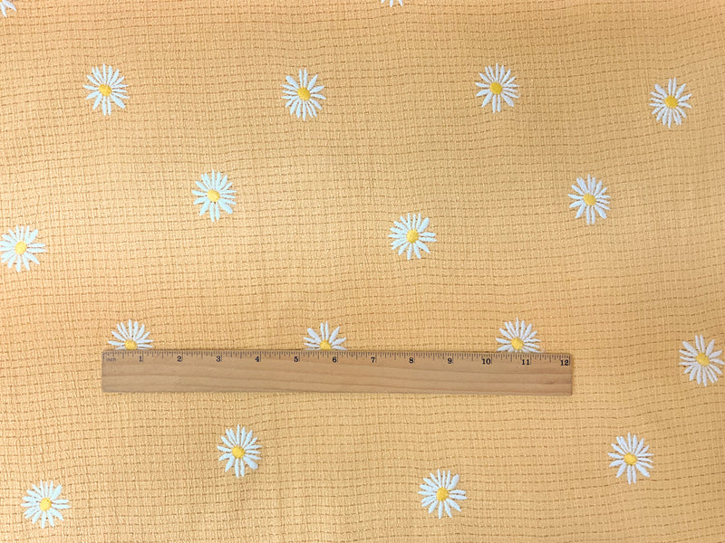 Yellow-White Poly Spandex Stretch Floral Embroidered Knit Fabric
