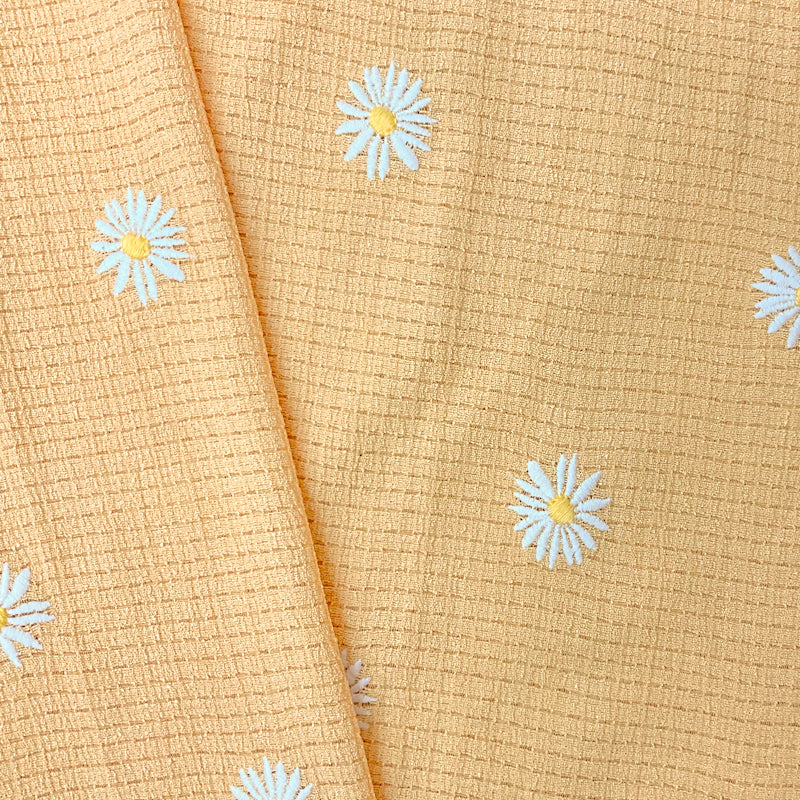 Yellow-White Poly Spandex Stretch Floral Embroidered Knit Fabric