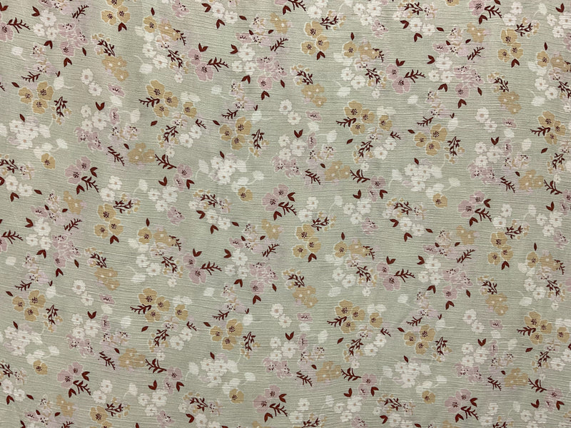 Green-Brown-Multi Rayon Floral Printed Crepon Woven Fabric