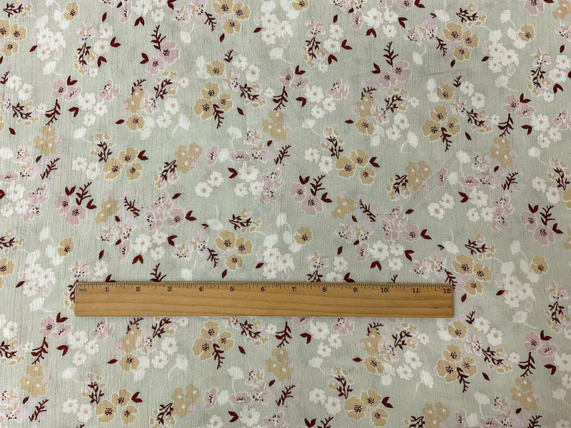 Green-Brown-Multi Rayon Floral Printed Crepon Woven Fabric