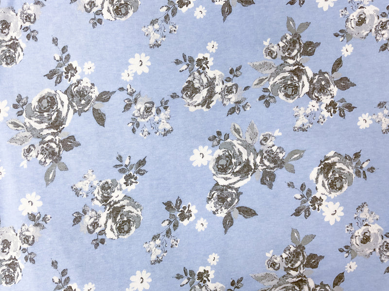 Blue-White Poly Rayon Stretch Floral Print French Terry Knit Fabric