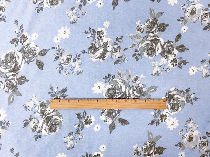 Blue-White Poly Rayon Stretch Floral Print French Terry Knit Fabric