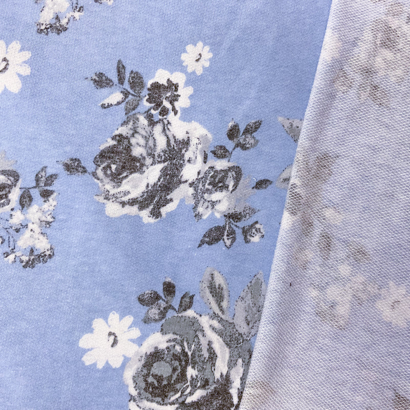 Blue-White Poly Rayon Stretch Floral Print French Terry Knit Fabric