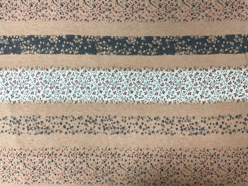 Brown-Multi Poly Stretch Stripe Floral Printed Jersey Knit Fabric