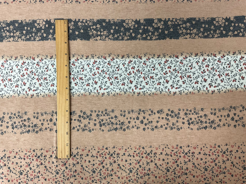 Brown-Multi Poly Stretch Stripe Floral Printed Jersey Knit Fabric