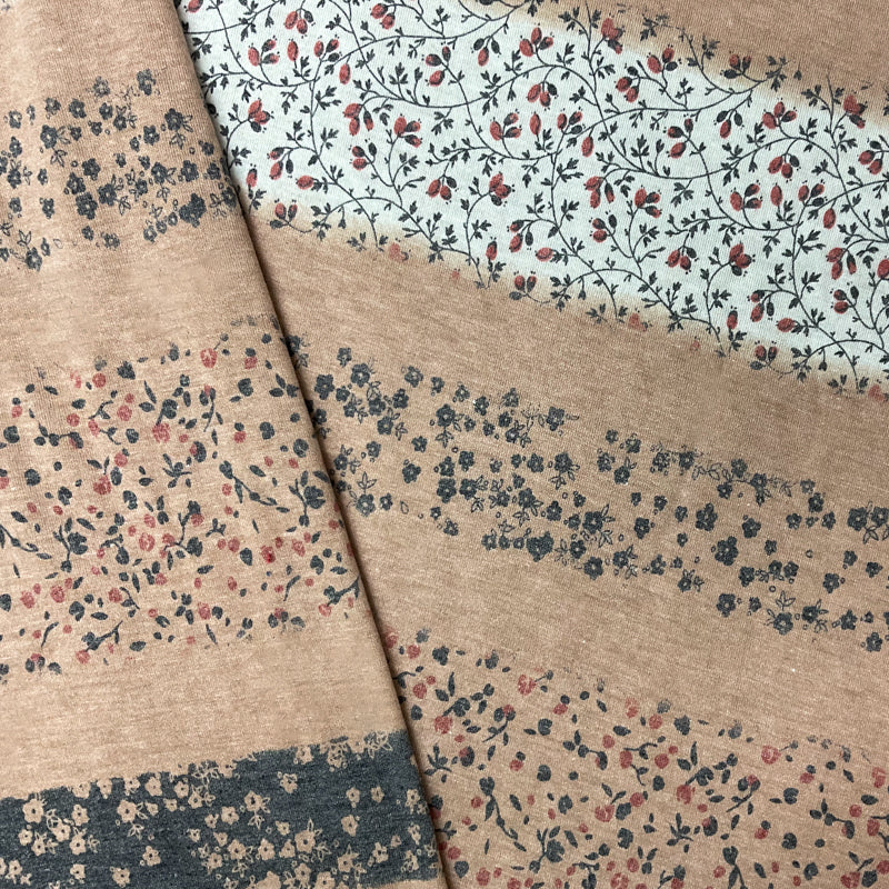 Brown-Multi Poly Stretch Stripe Floral Printed Jersey Knit Fabric