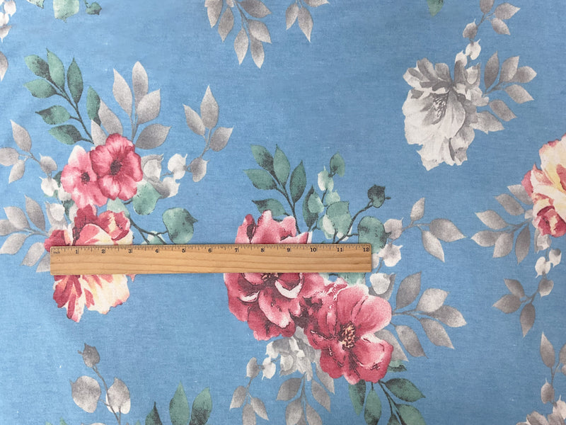 Blue-Pink Poly Rayon Stretch Floral Baby French Terry Knit Fabric