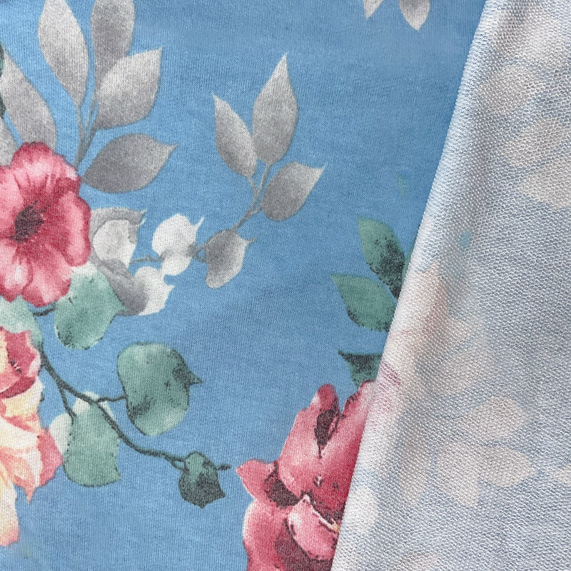 Blue-Pink Poly Rayon Stretch Floral Baby French Terry Knit Fabric
