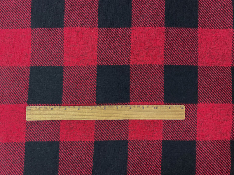 Red-Black Poly Stretch Check Print Brush Face Jersey Knit Fabric