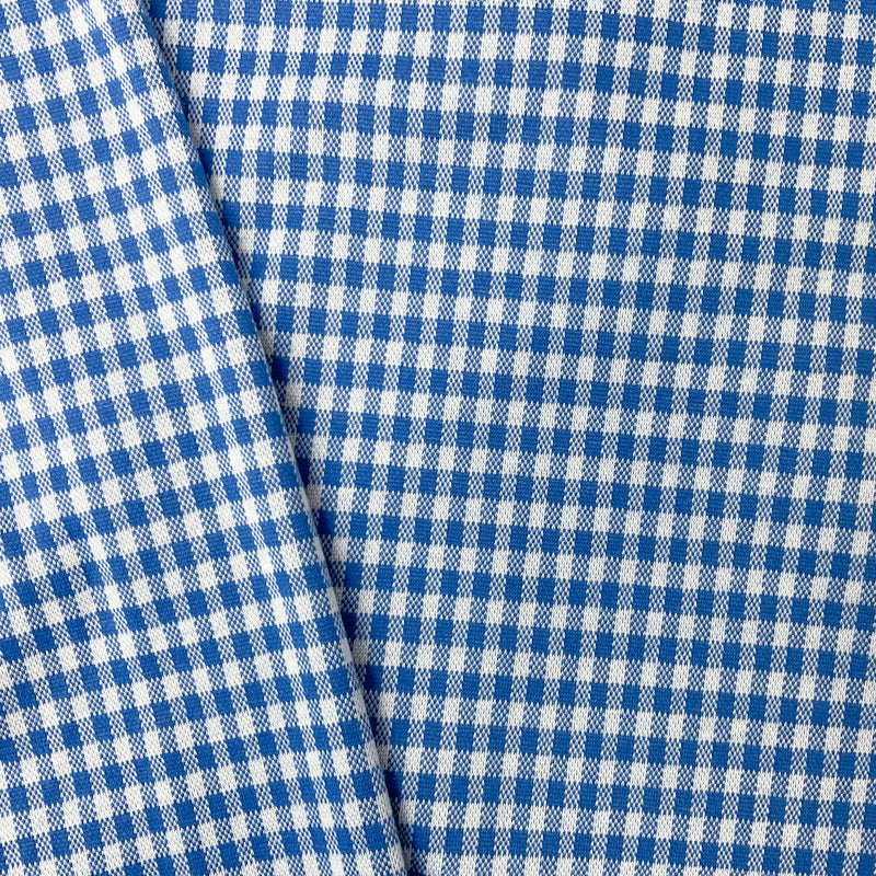 Blue-White Poly Stretch Check Gingham Double Jacquard Knit Fabric