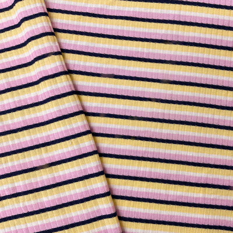 Pink-Yellow Poly Spandex Stretch Stripe Rib Knit Fabric