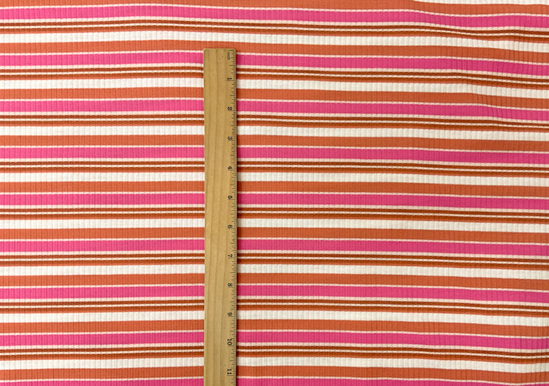 Pink-Brown Poly Spandex Stretch Stripe Rib Knit Fabric