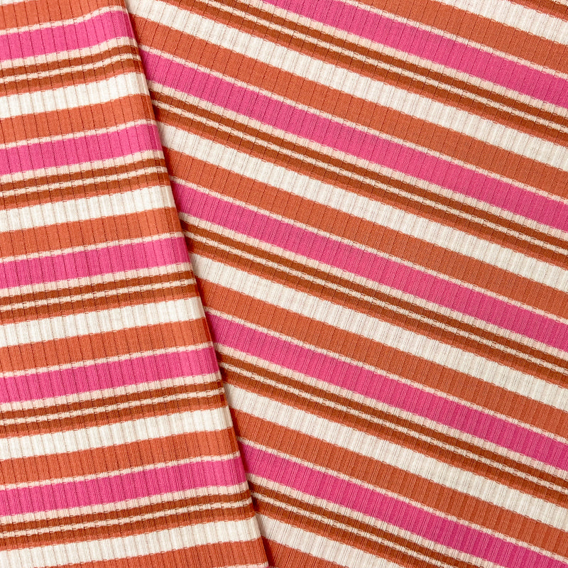 Pink-Brown Poly Spandex Stretch Stripe Rib Knit Fabric