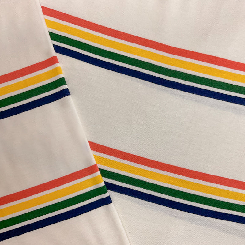 Ivory-Multi Rayon Stretch Stripe Jersey Knit Fabric