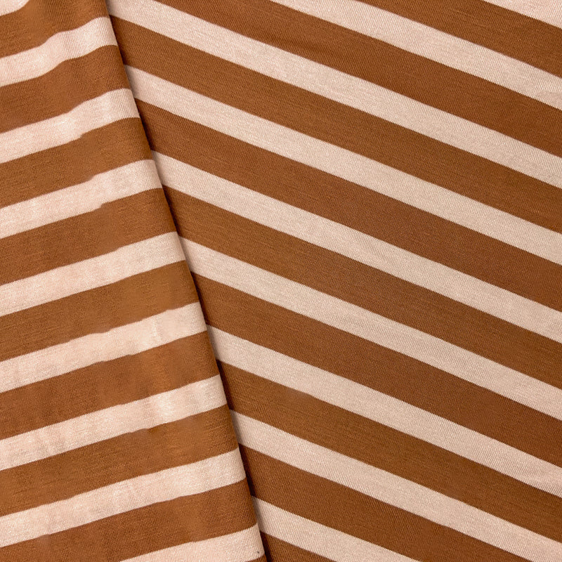 Brown-Beige Rayon Stretch Stripe Jersey Knit Fabric