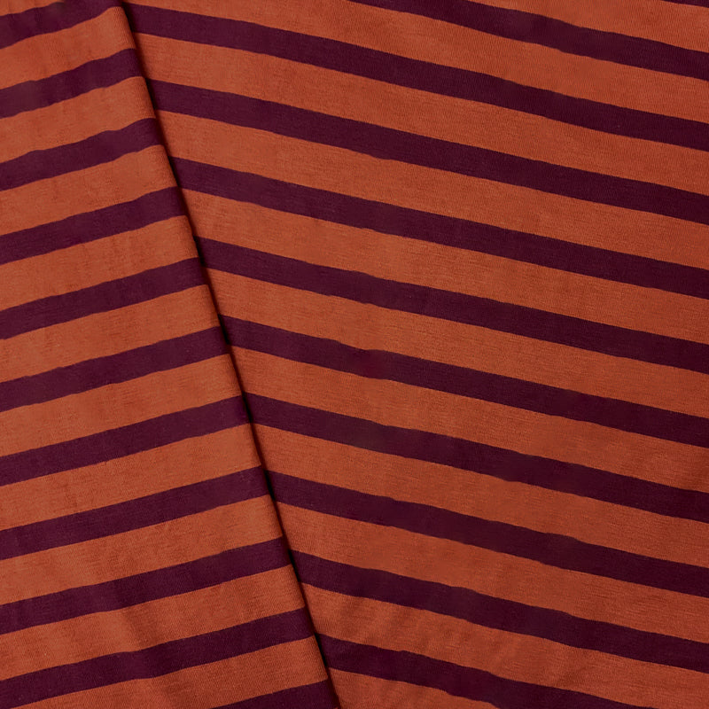 Orange-Burgundy Rayon Stretch Stripe Jersey Knit Fabric