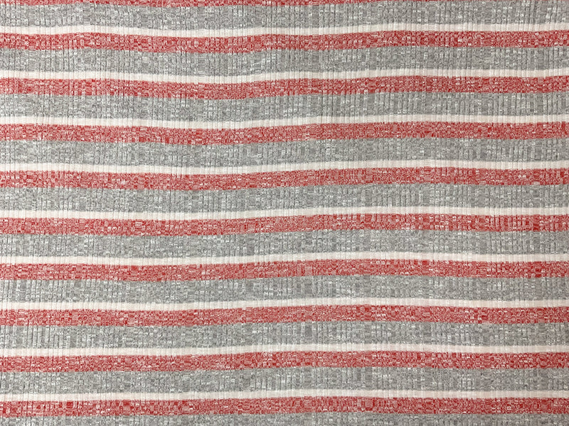 Red-Gray Poly Rayon Stretch Stripe Rib Knit Fabric