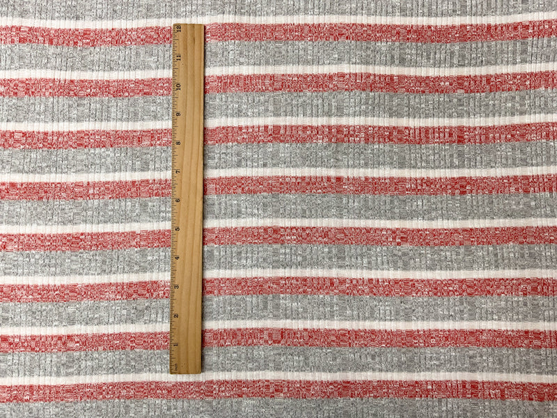 Red-Gray Poly Rayon Stretch Stripe Rib Knit Fabric