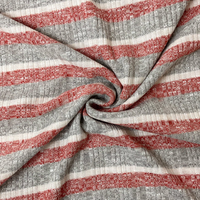 Red-Gray Poly Rayon Stretch Stripe Rib Knit Fabric