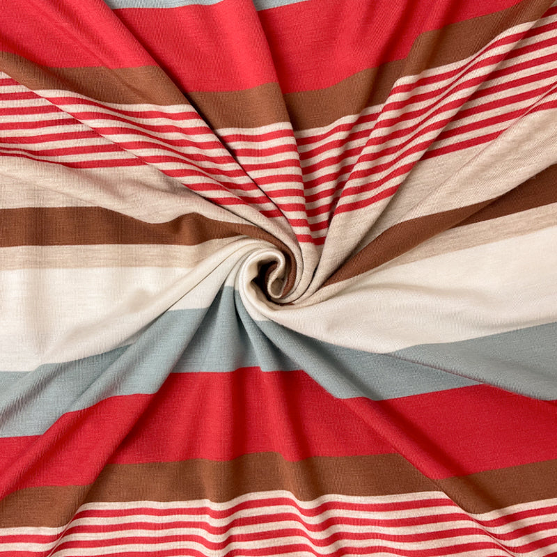 Red-Multi Rayon Spandex Stripe Jersey Knit Fabric