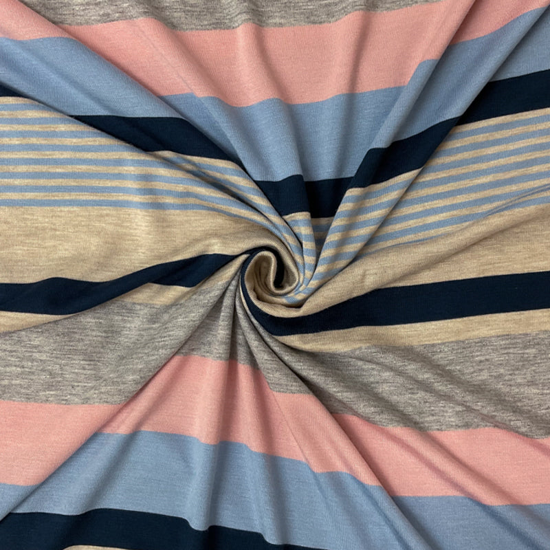 Blue-Multi Rayon Spandex Stripe Jersey Knit Fabric