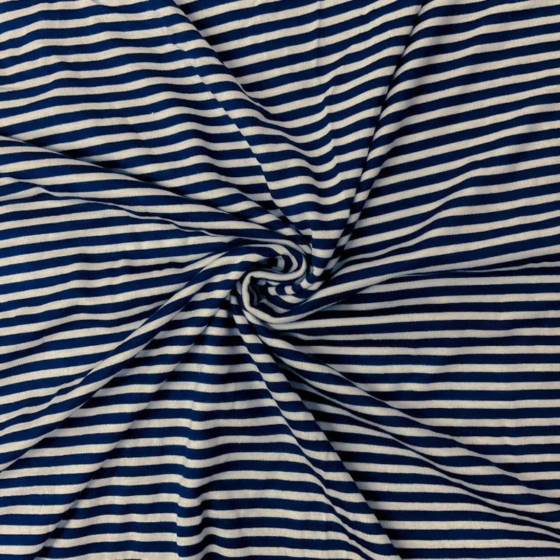 Navy-Off-White Rayon Spandex Stripe Jersey Knit Fabric