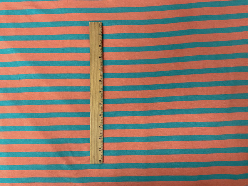 Coral-Turquoise Rayon Spandex Stripe Jersey Knit Fabric