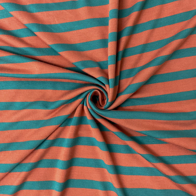 Coral-Turquoise Rayon Spandex Stripe Jersey Knit Fabric