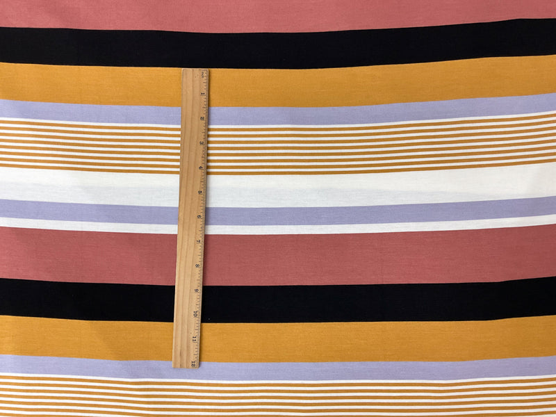 Brown-Purple-Multi Rayon Spandex Stripe Jersey Knit Fabric